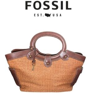 Rare Vintage Fossil Woven Straw & Leather Purse #76082 Tan & Brown (No Strap)